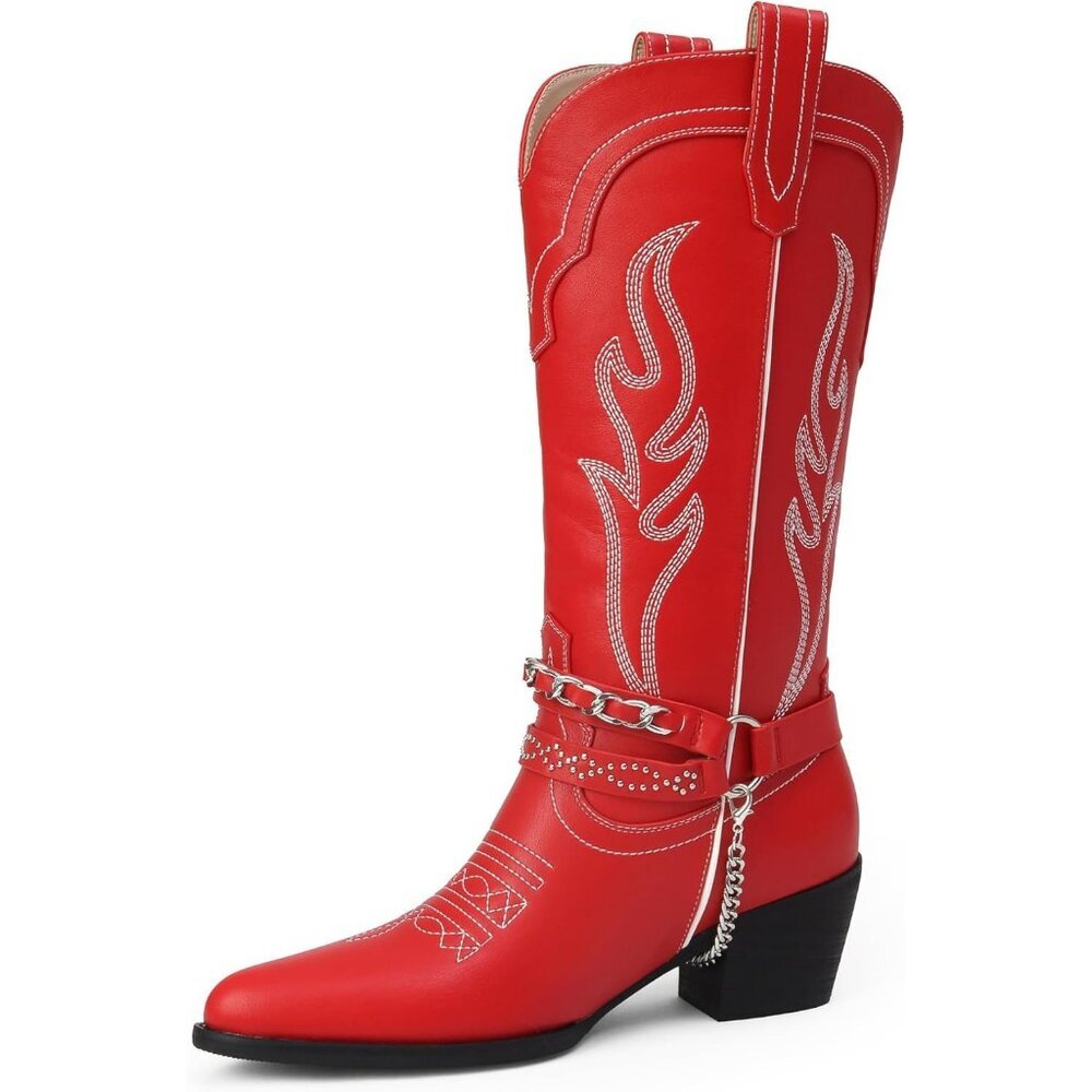 ⚡Women Red Faux Leather Chain Point Toe Chunky Heel Embroidered Pull on Boots